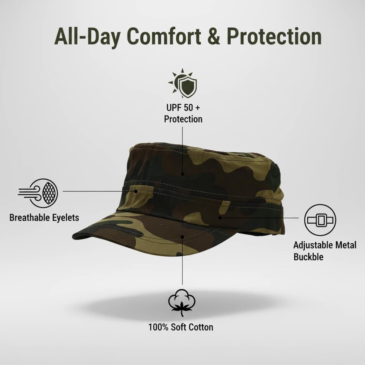 2 Pcs Unisex Cadet Army Cap Adjustable Camo Military Style Hats Quick Dry Flat Top Hat - Image 4