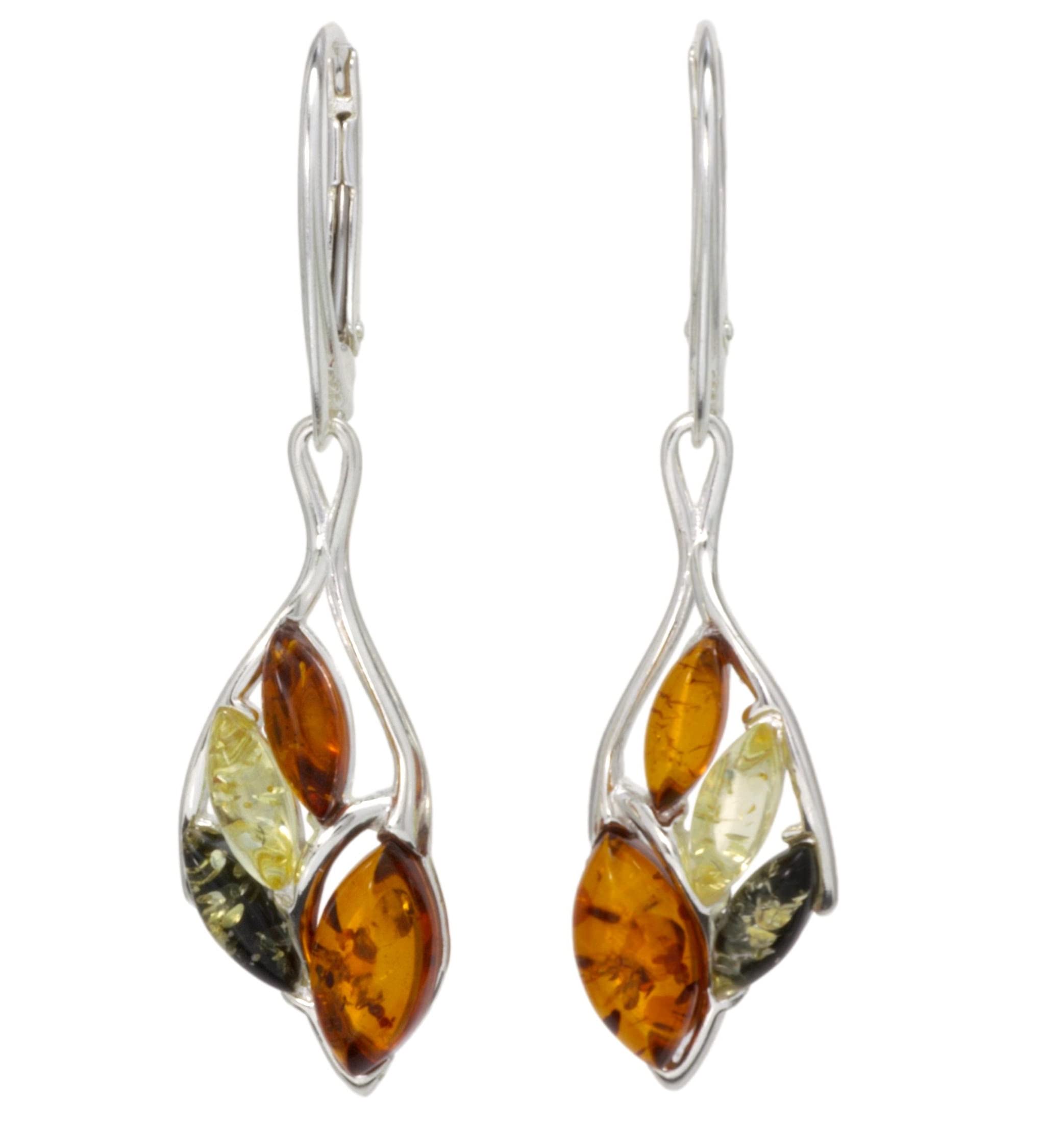 Orecchini Pendenti In Ambra Baltica E Argento 925 – Pietre Naturali Multicolore, Chiusura A Leva