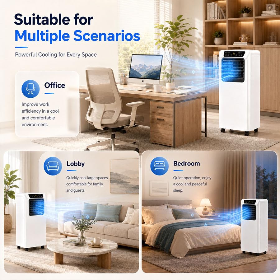 Climatizzatore Portatile Silenzioso e Smart per Camera da Letto e Ufficio 7000BTU | Modalità Raffreddamento, Deumidificazione e Sonno con Telecomando, Timer 12 Ore e Oscillazione 120° per Camera e Ufficio