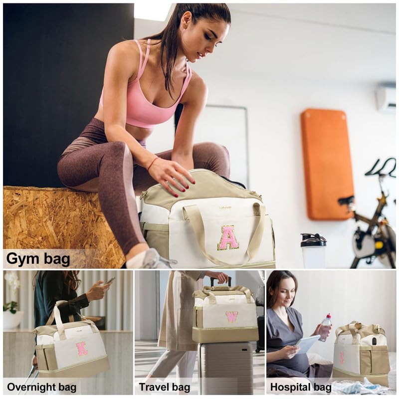 Initials Travel Bag for Women, Overnight Gym Carry On Tote with Shoes Compartment, Travel Duffel Bag with USB Charging Port, Weekender Overnight Bag for Women, Travel, Gym, Hospital Beige - A2