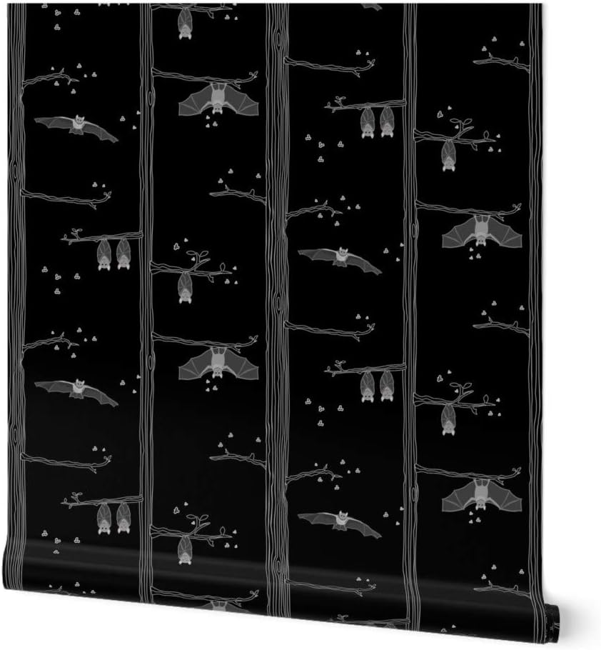 Peel & Stick Wallpaper 3ft x 2ft - Gray Bats Halloween Tree Spooky Black Fireflies Night Custom Removable Wallpaper by Spoonflower