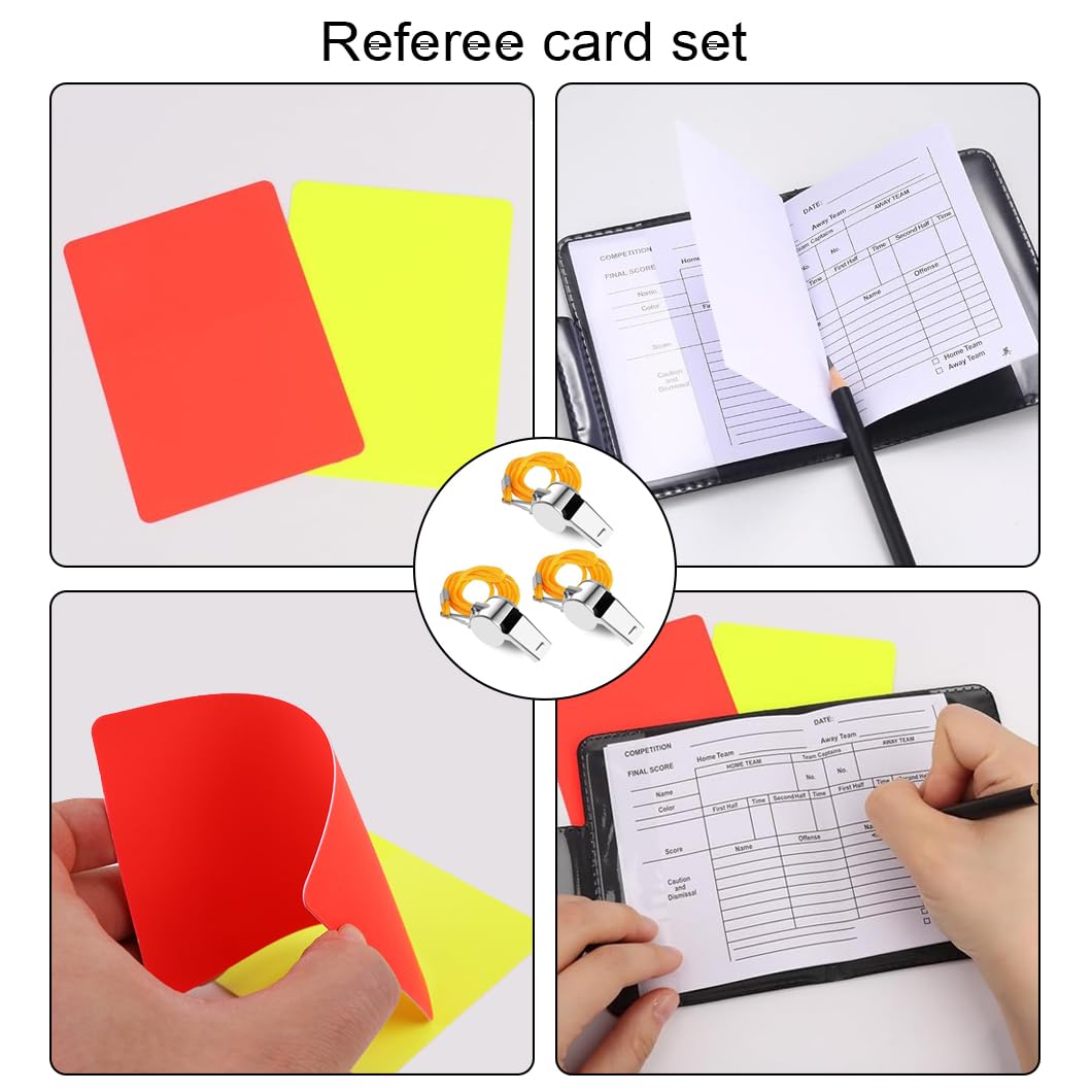 2 Set Juego de Tarjetas de árbitro de Fútbol Juego de Tarjetas de árbitro Deportivo con 3 Silbatos de Metal, PCV Tarjeta Roja Tarjeta Amarilla con bolígrafo y Estuche Libros de Puntuación,