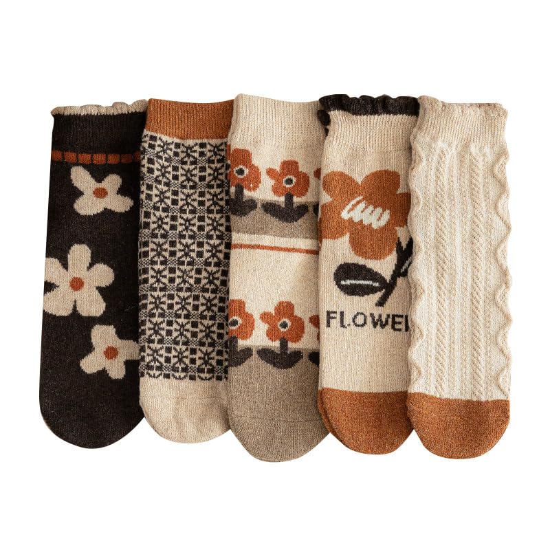 5/10 Pairs Wool Socks for Women Thick Knit Cozy Vintage Cute Animal Floral Crew Socks