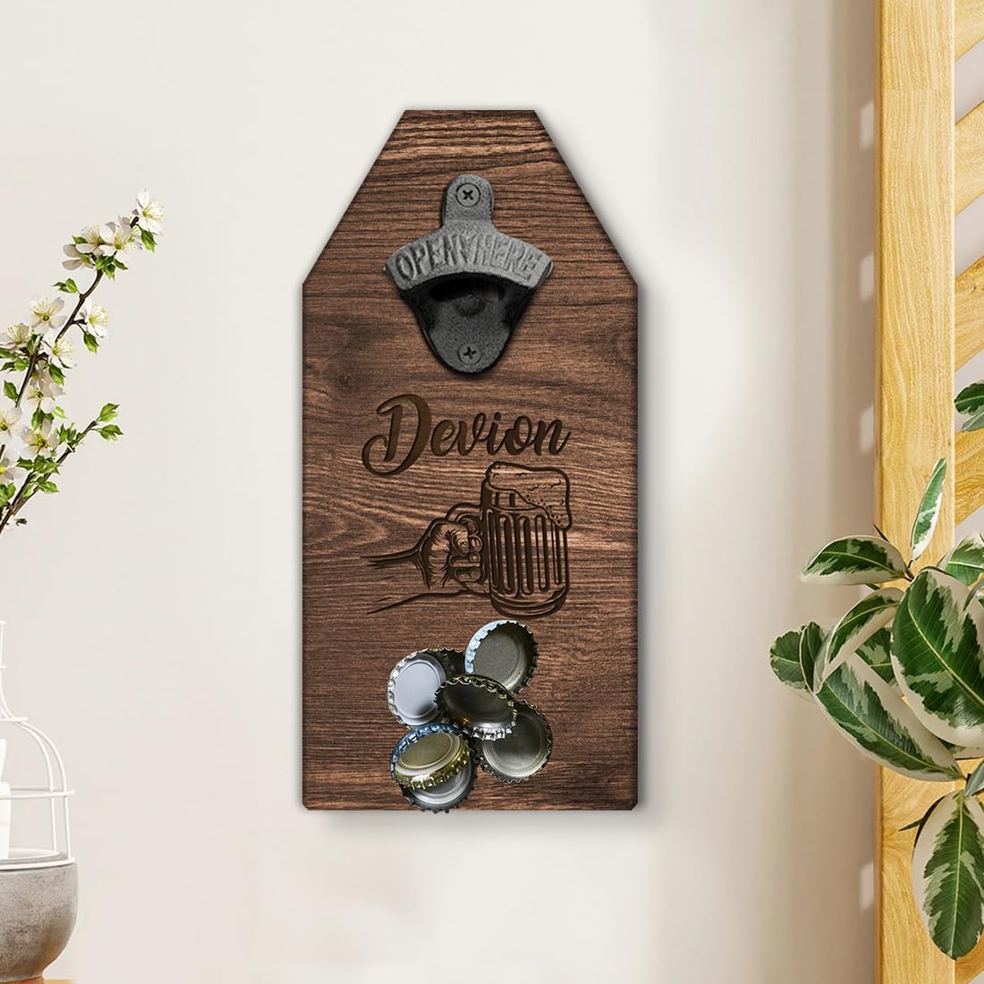 Personalized Wooden Wall Mounted Magnetic Bottle Opener, Custom Beer Bottle Opener with Magnet Cap Catcher Gifts for Men Dad, Ideal Gift for Beer Lovers, Dads, or Husbands on Father's Day (Style 5)