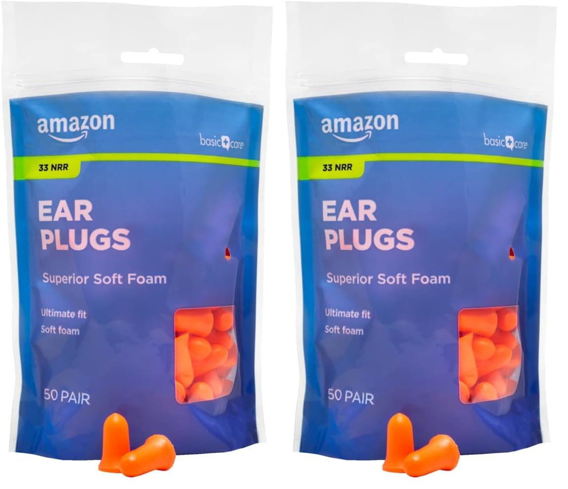 Amazon Basic Care Soft Foam Earplugs, 100 Count 50 Pair (Pack of 2)