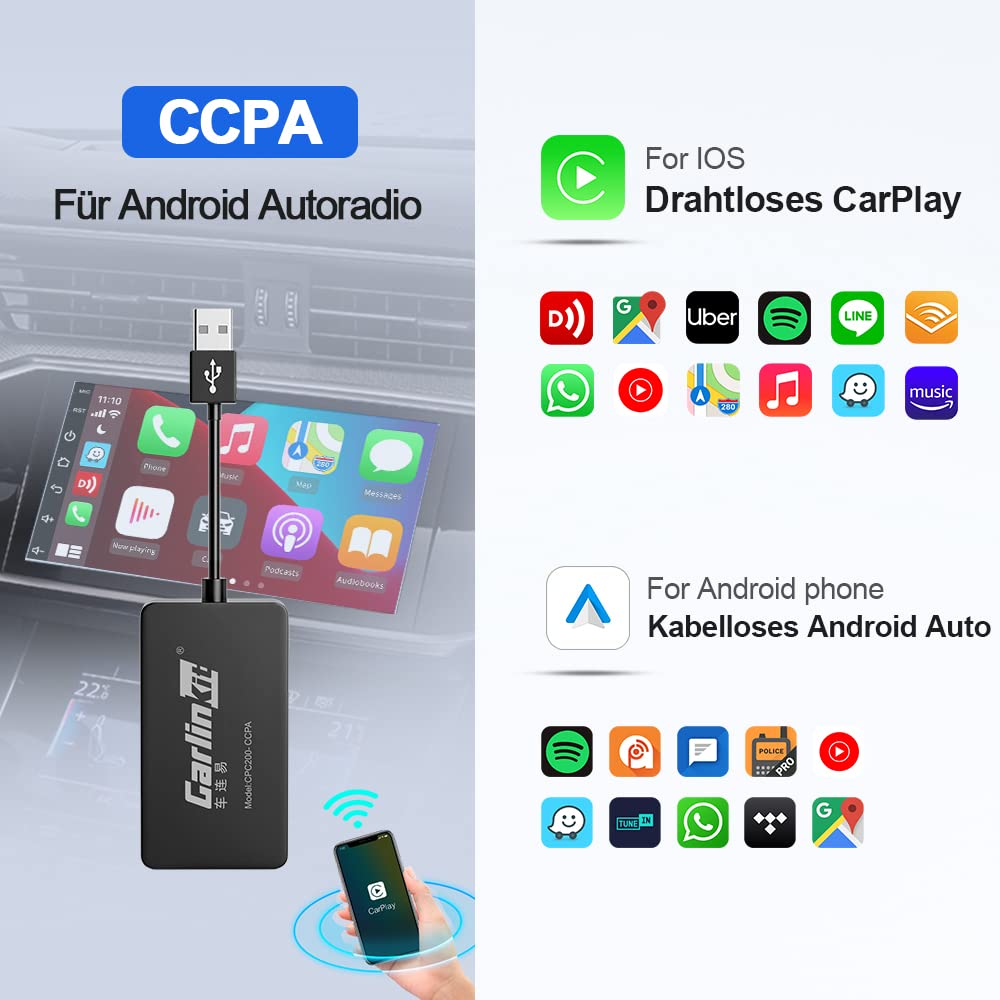 Carlinkit New Wireless CarPlay/Wireless Android Auto Adapter für Aftermarket Android Radio Version 4.4+, muss APK auf dem Auto installieren, Unterstützung Wired Mirroring/IOS 15