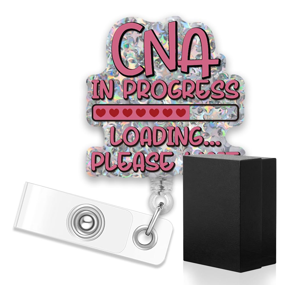 ERHACHAIJIA CNA in Progress Loading Retractable Glitter Badge Reel, Funny ID Card Badge Holder Gifts for Certified Nursing Assistant Nurse Nursing