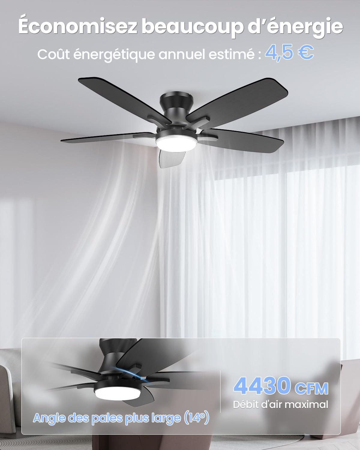 Airwit 106cm Ventilateur de Plafond Silencieux avec Lumière et Télécommande