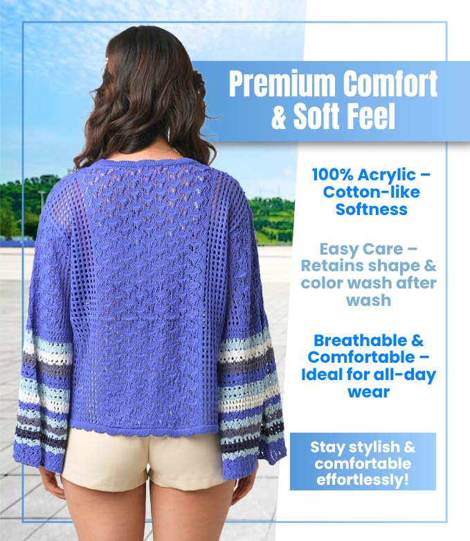 Bell Sleeve Crochet Cardigan for Women Blue | Lightweight Pointelle Knit Open Front Summer Cardigans | Small Size4