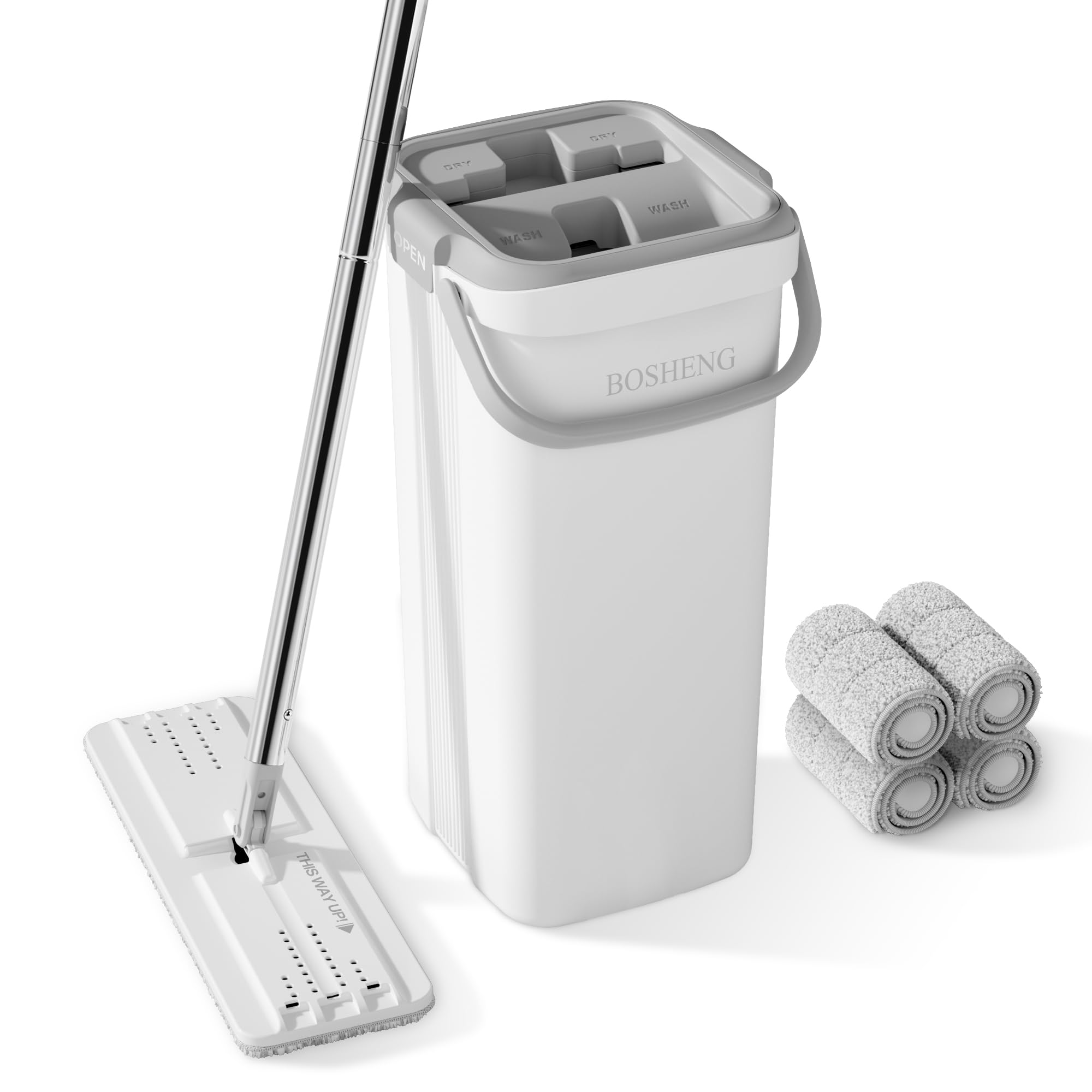 BOSHENG Trapeador y cubo con juego de escurridor, fregona plana y cubo, con mango largo y 4 almohadillas reutilizables de microfibra, uso húmedo y seco para limpieza del hogar y limpieza de suelos