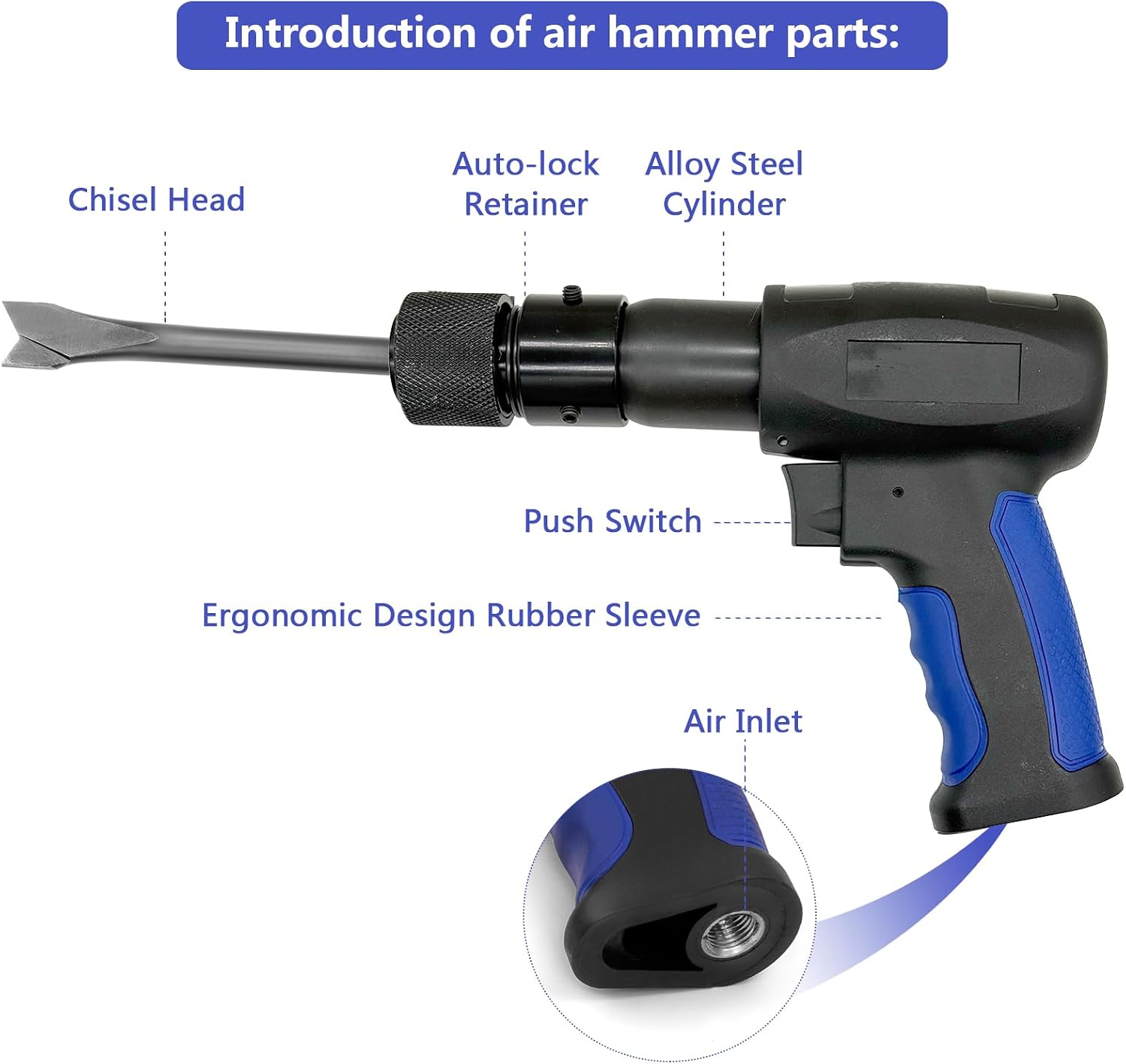 YON.SOU Air Hammer, 3500 BPM Air Chisel with 5 Chisel Bits | For concrete breaking, demolition, metal, tile & auto repair. Includes dual retainers & anti-vibration grip.