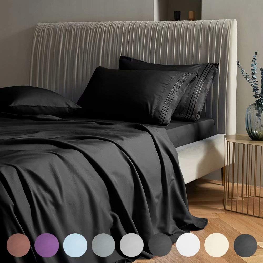 SAKIAO California King Bed Sheets Set - Brushed Microfiber 1800 Thread Count Percale - 16" Deep Pocket Egyptian Sheets Beautiful - 4 Piece (Black,Cal King)