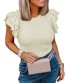 Womens Ruffle Short Sleeve Shirts Slim Fit High Neck Knit