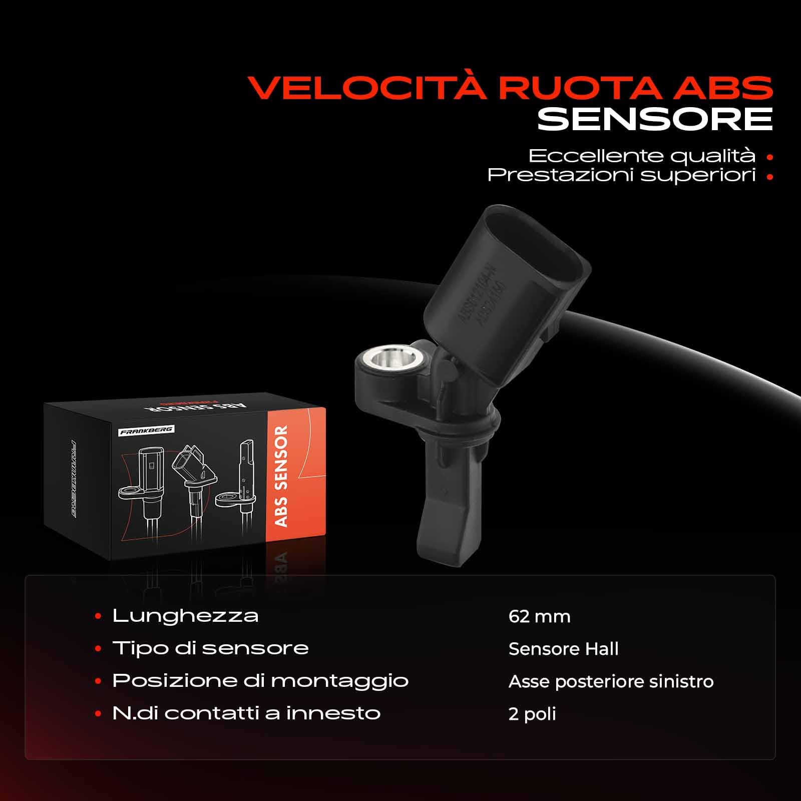 Frankberg Sensore Velocità Ruota ABS Sensore ABS 2-Poli Compatibile con UP! 121 122 123 BL1 BL2 BL3 Polo 6C1 6R1 Fabia II 542 Polo 9A 9N Citigo NF1 Replace# ALS2415