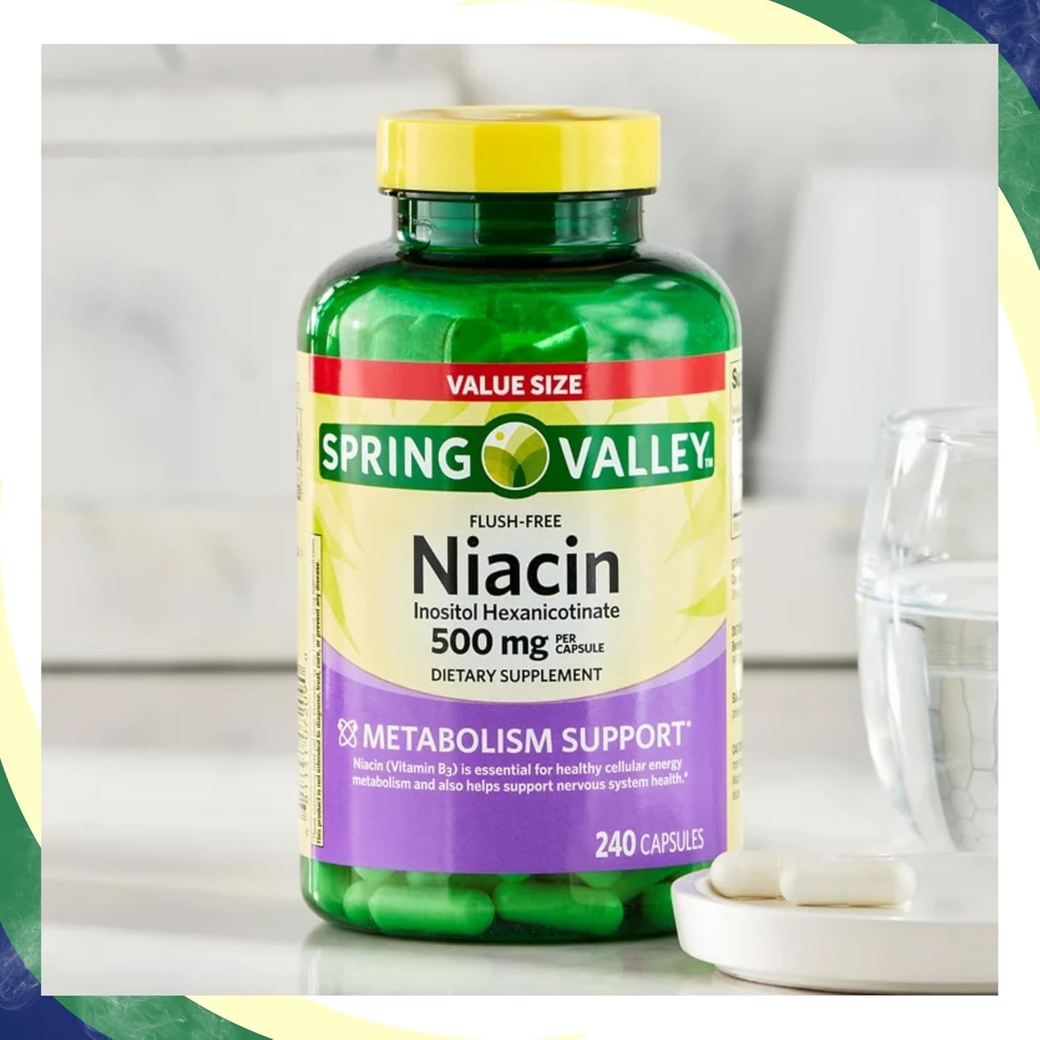 Spring Valley Vitamin B3 Niacin 500mg Flush Free Capsules, Dietary Supplement 240 Pills (Pack of 1) - Set by Basket Goods — Amazon image 4