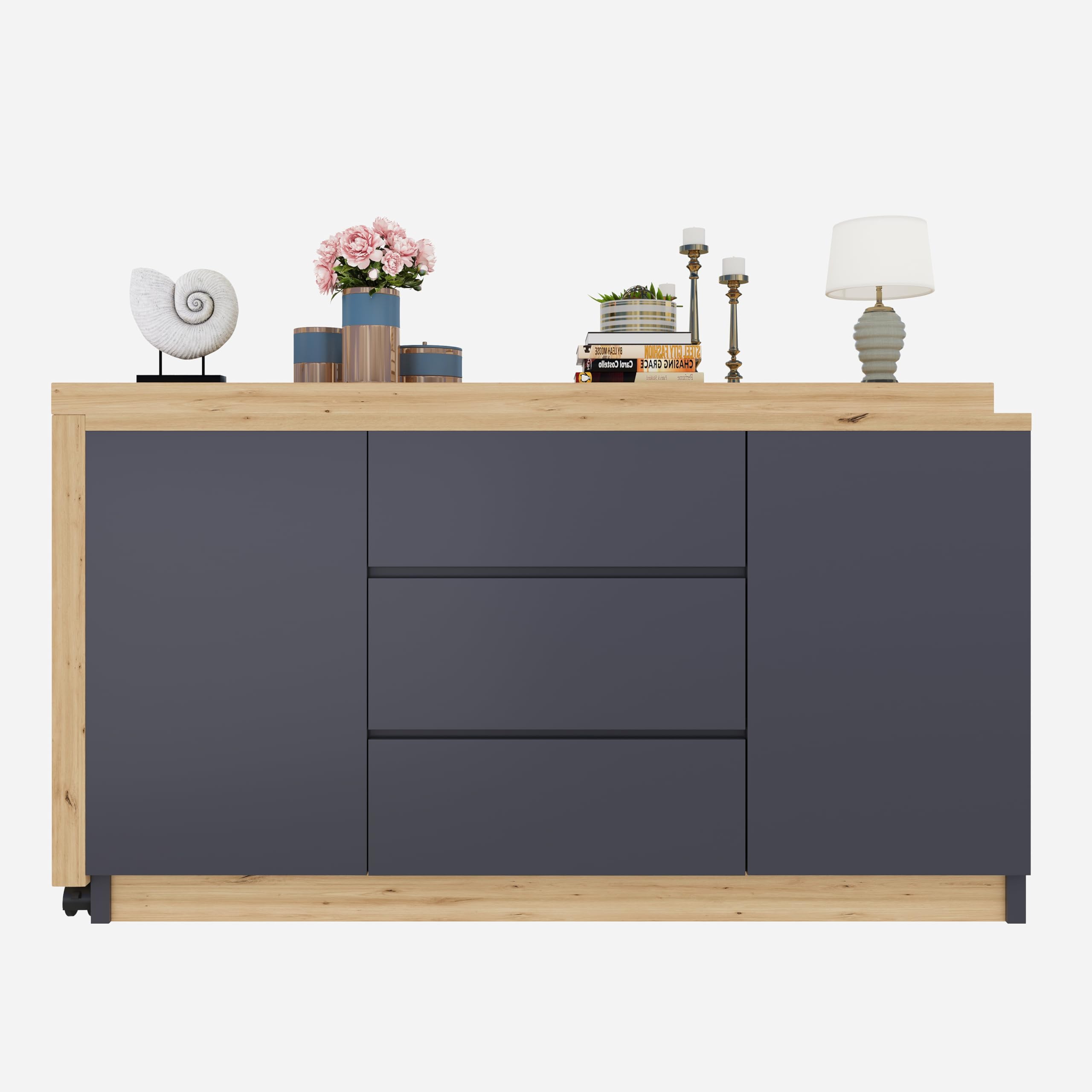 Escritorio con ruedas con bloqueo, mesa plegable, diseño multifuncional, 4 cm de grosor, mesa giratoria con bloqueo, gris/roble, escritorio esquinero, aparador, material grueso