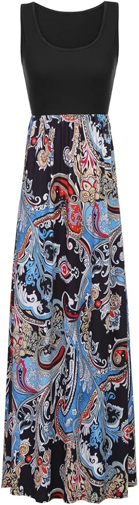 Sherosa Women Boho Chevron Striped Floral Printed Summer Sleeveless Tank Long Maxi Party Dress