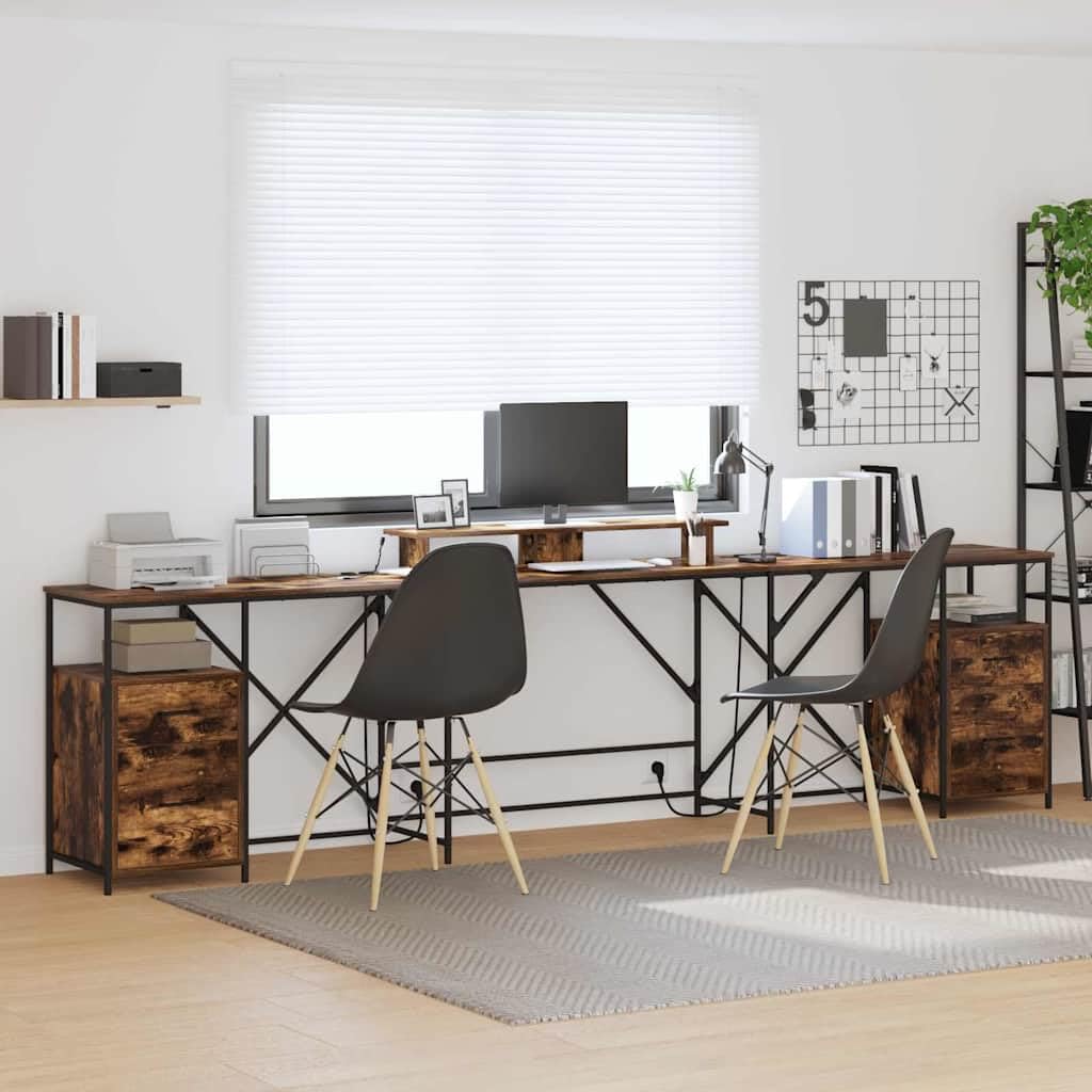 Scrivania affumicatura 182 x 101 x 87,5 cm, materiale in legno, con spazio di archiviazione, illuminazione a LED, gestione cavi, per casa, ufficio, design moderno