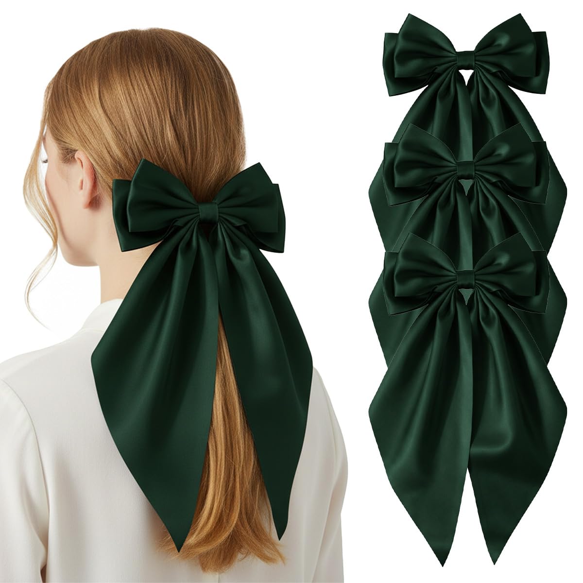 Lazos de satén grandes verdes para cabello - 3 piezas