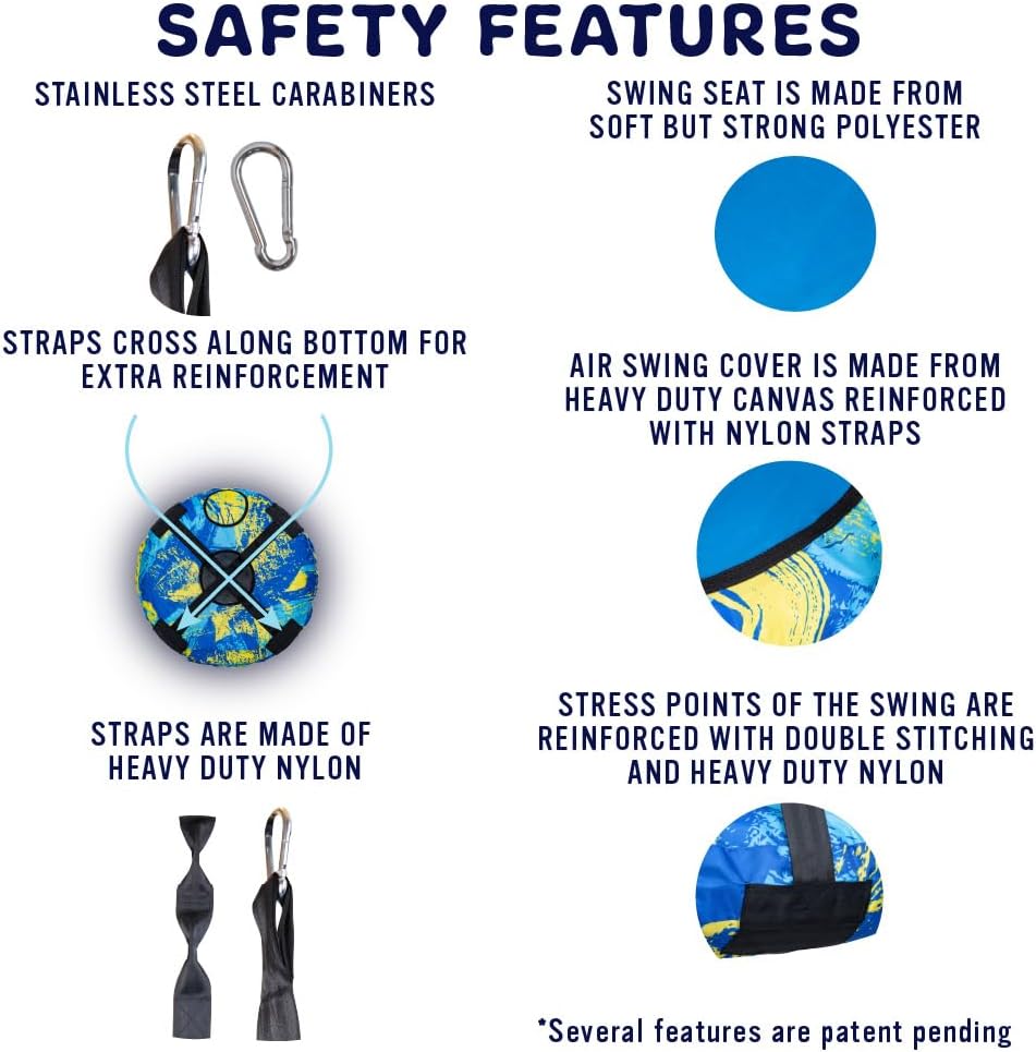 Durable 26” AIR Swing Safe Round Outdoor Saucer Tree Swing for Toddlers & Kids - Ideal for Backyard, Indoor Playroom, Playset, or Treehouse - Adjustable 360 Rotation & Regular Modes - Blue/Yellow