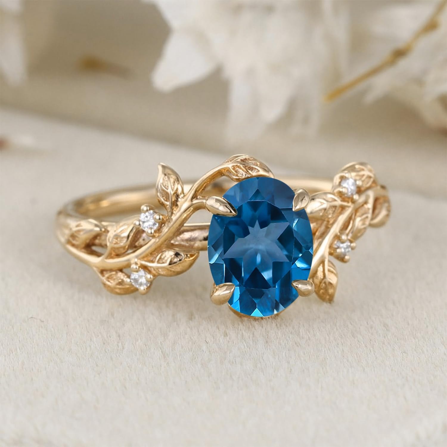 10K/14K/18K Solid Gold 1 Carat Oval Gemstone Vintage Engagement Ring for Women Nature Inspired Birthstone Leaf Vine Art Deco Wedding Promise Anniversary Rings for Her Wife Bridal Size 4~12 - Image 2