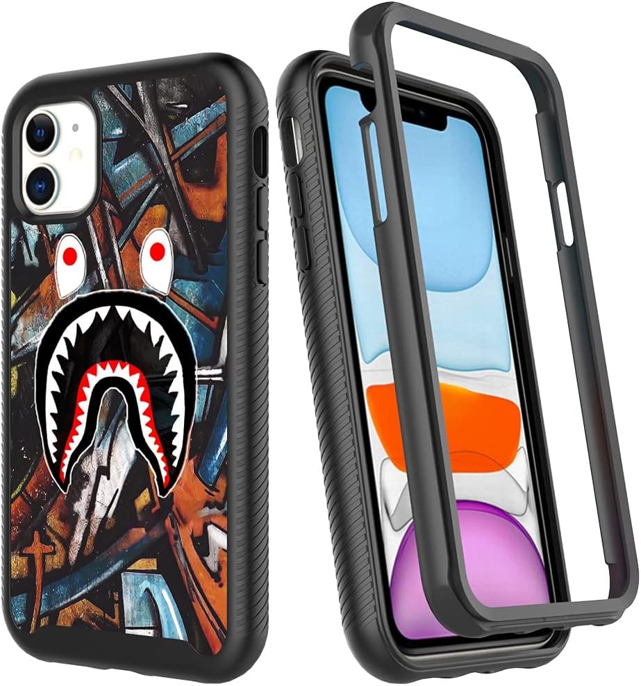 Street Fashion Cool Camo Graffiti Shark Design Compatible with iPhone 11 Case for Boys Luxury Shockproof Rugged Cover Dual Layer Soft TPU + Hard PC Bumper Full-Body Protective Case
