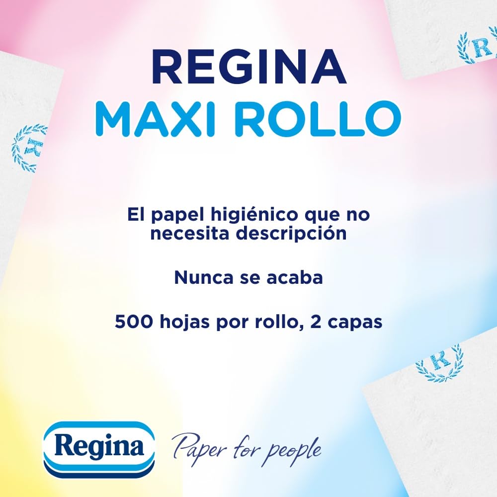 Regina Maxi Rolka – 8 rolek papieru toaletowego, 500 arkuszy 2 warstw na rolkę, więcej niż standardowa rolka, 60% plastikowy pojemnik z recyklingu w 100% z certyfikatem FSC®