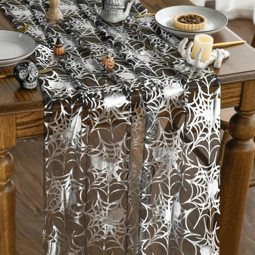 Silver Spider Web Gauze Table Runner 120 Inch 10FT, Glitter Metallic Foil Halloween Seasonal Sheer Dining Holiday Table Decor for Home Party