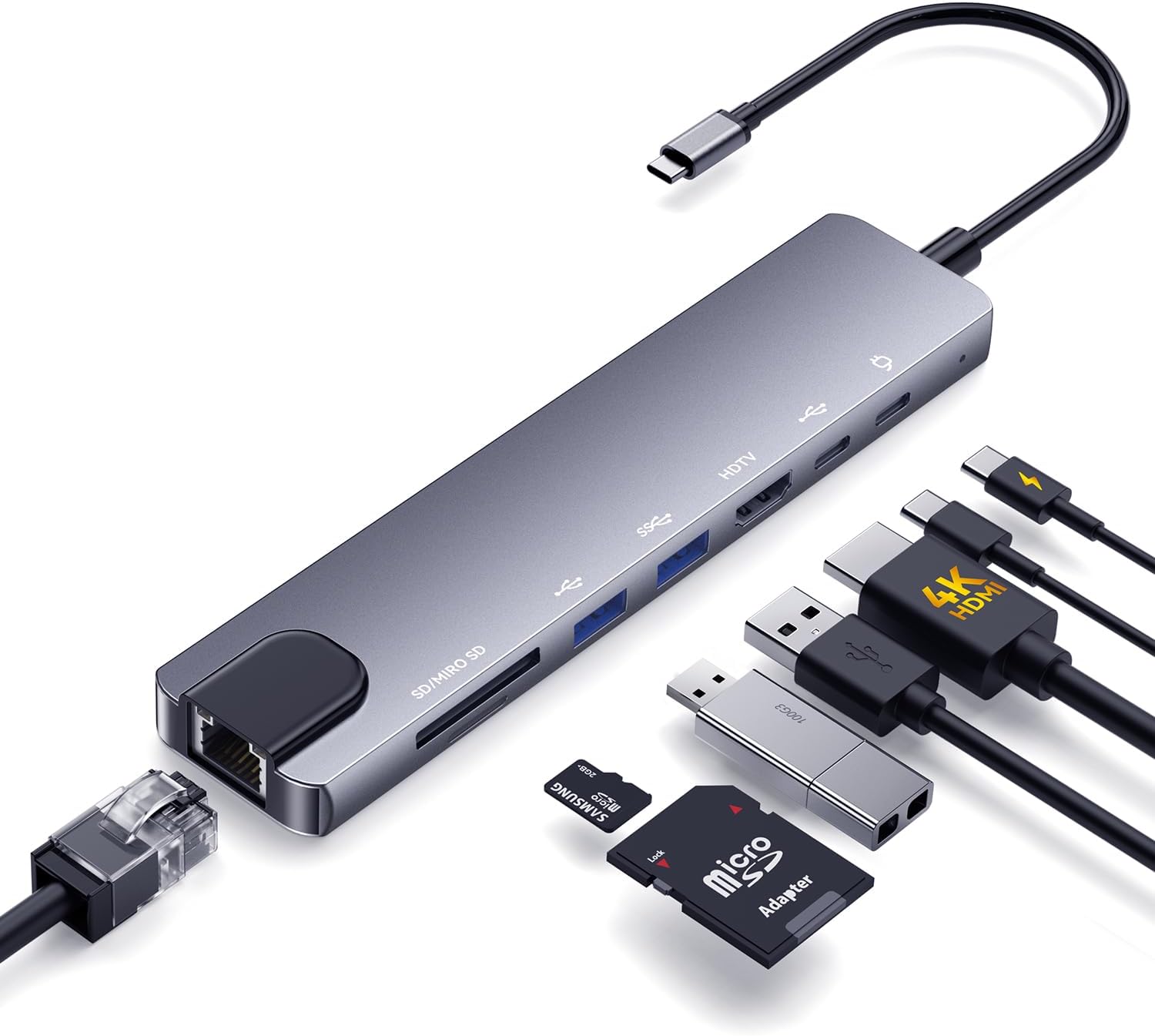 USB C Hub, 8-in-1 USB C Docking Station for Laptop, 4K@60Hz HDMI, 100W PD Charging, SD/TF Card Reader, USB-A 3.0 & USB-C Data Ports for MacBook Pro/Air, iPad, Windows