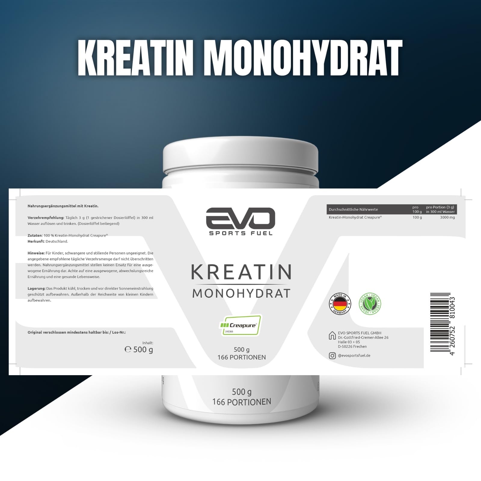 EVO SPORTS FUEL Kreatin Monohydrat Creapure Pulver 500g | 100% vegan & reines Creatine Monohydrate Powder | mikrofein und perfekt löslich | geprüfte Qualität | Made in Germany