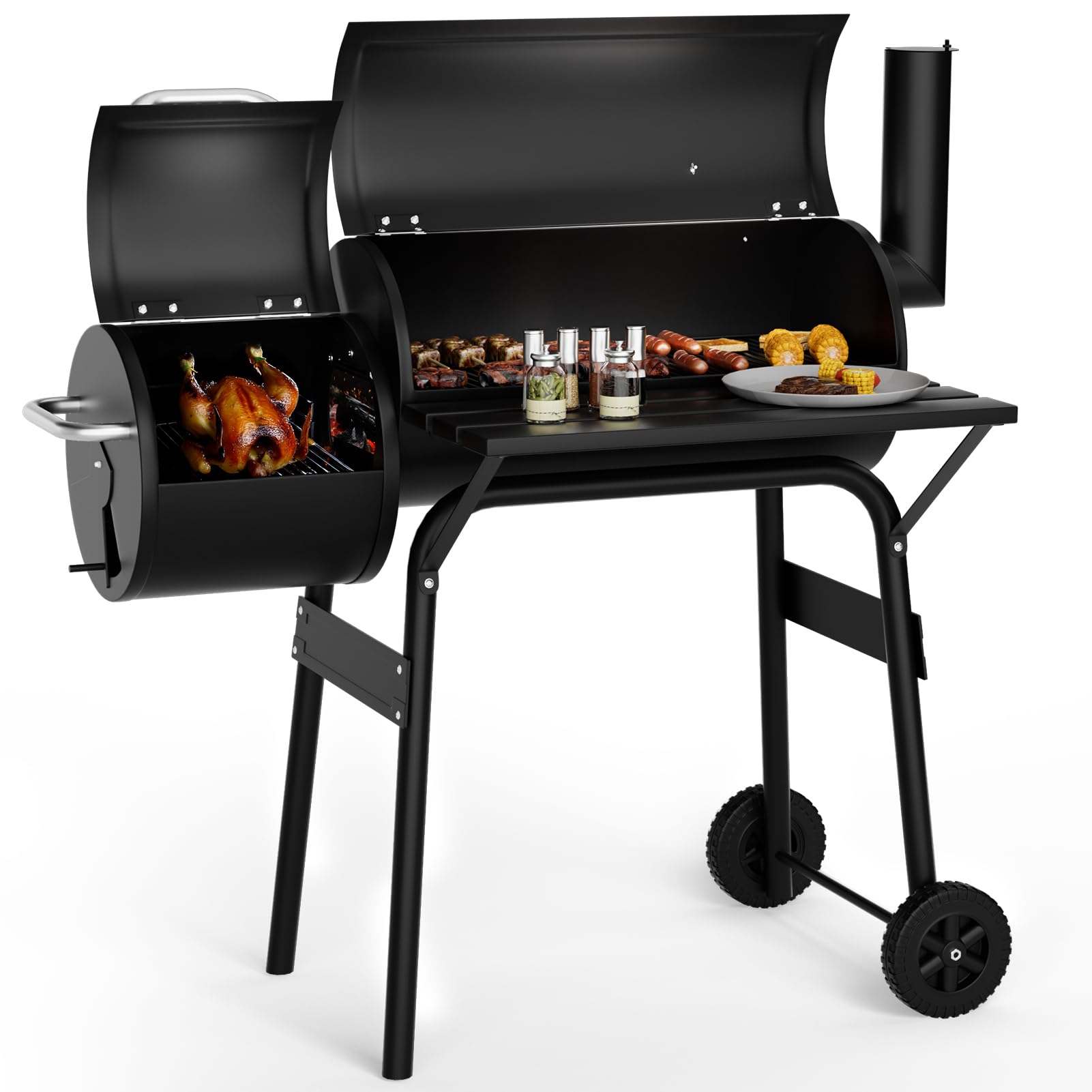 DKIEI BBQ Grill, Barbeque Grill Outdoor with Wheels, Large Barrel Charcoal BBQ with Temperature Gauge & Air Vents, 2 in 1 Smoker and Barbeque, Cooking Roasts and Vegetables in the Home Garden