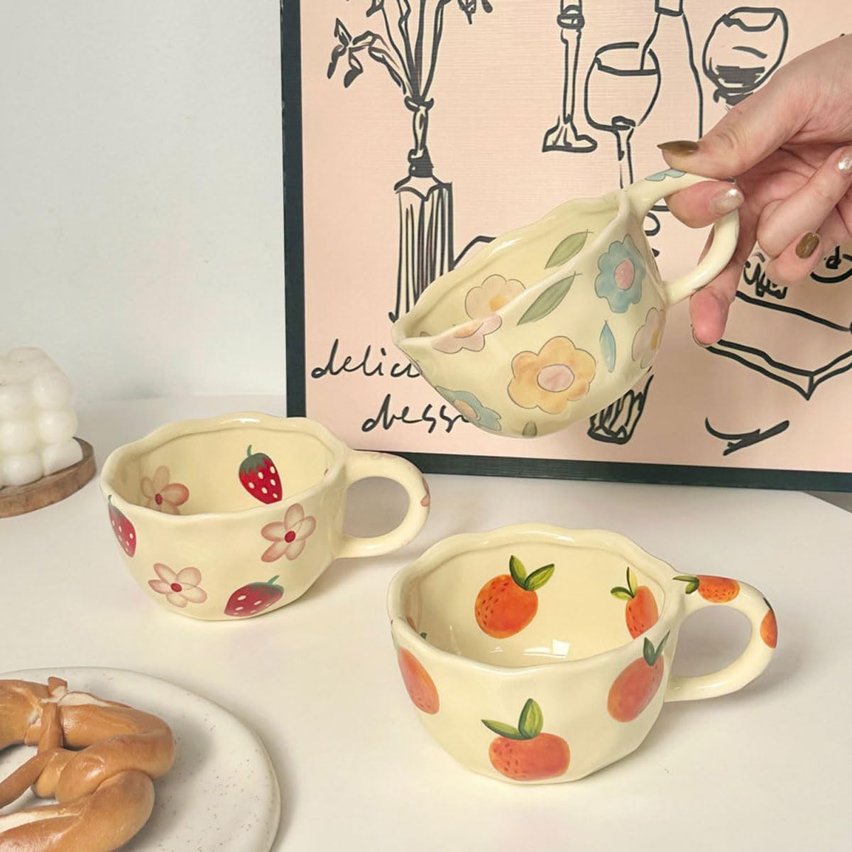 4 pcs Ceramic Coffee Mug 8.5oz Cute Floral Coffee Mug Retro Floral Cup with Handle Spoon Irregular Latte Art Cup Valentine's Day Gift Office Home Dishwasher and Microwave Safe (4-piece set A)