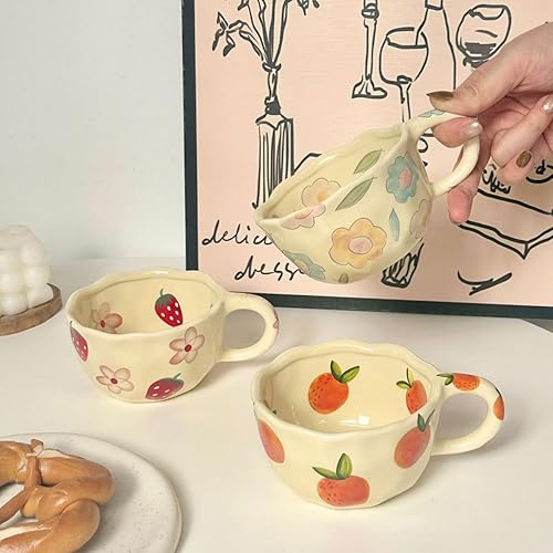 Miniatura 5 de 4 tazas de café de cerámica de 8.5 onzas, lindas tazas de café florales retro con asa y cuchara, taza de arte con leche irregular, regalo para el
