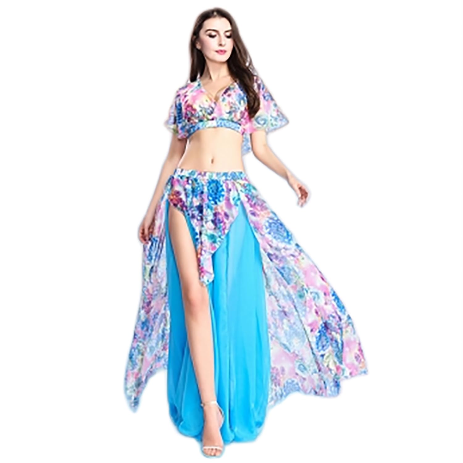 Completo da Danza del Ventre in Due Pezzi per Adulti con Stampa Floreale in Stile Bohémien Crop Top con Scollo A V E Gonna Ampia con Spacco Profondo per Donna