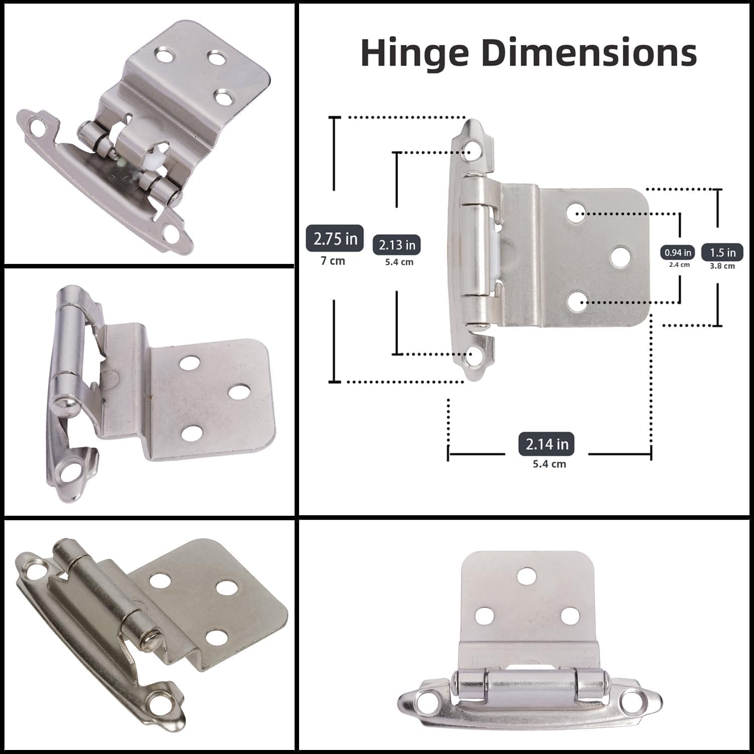 Size 3/8 Set of 5 DecoBasics 3/8 Inset Cabinet Hinges Brushed Nickel (5 Pair -10 Pcs) Offset Self Closing Cabinet Hinges for Kitchen Cabinets Satin Nickel w/Silicon Bumpers & Upgraded Screws