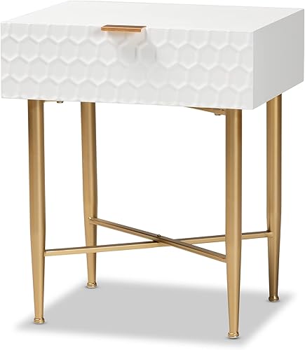 Baxton Studio Marcin Contemporary Glam and Luxe - Mesa auxiliar con 1 cajón de madera y metal dorado con acabado blanco