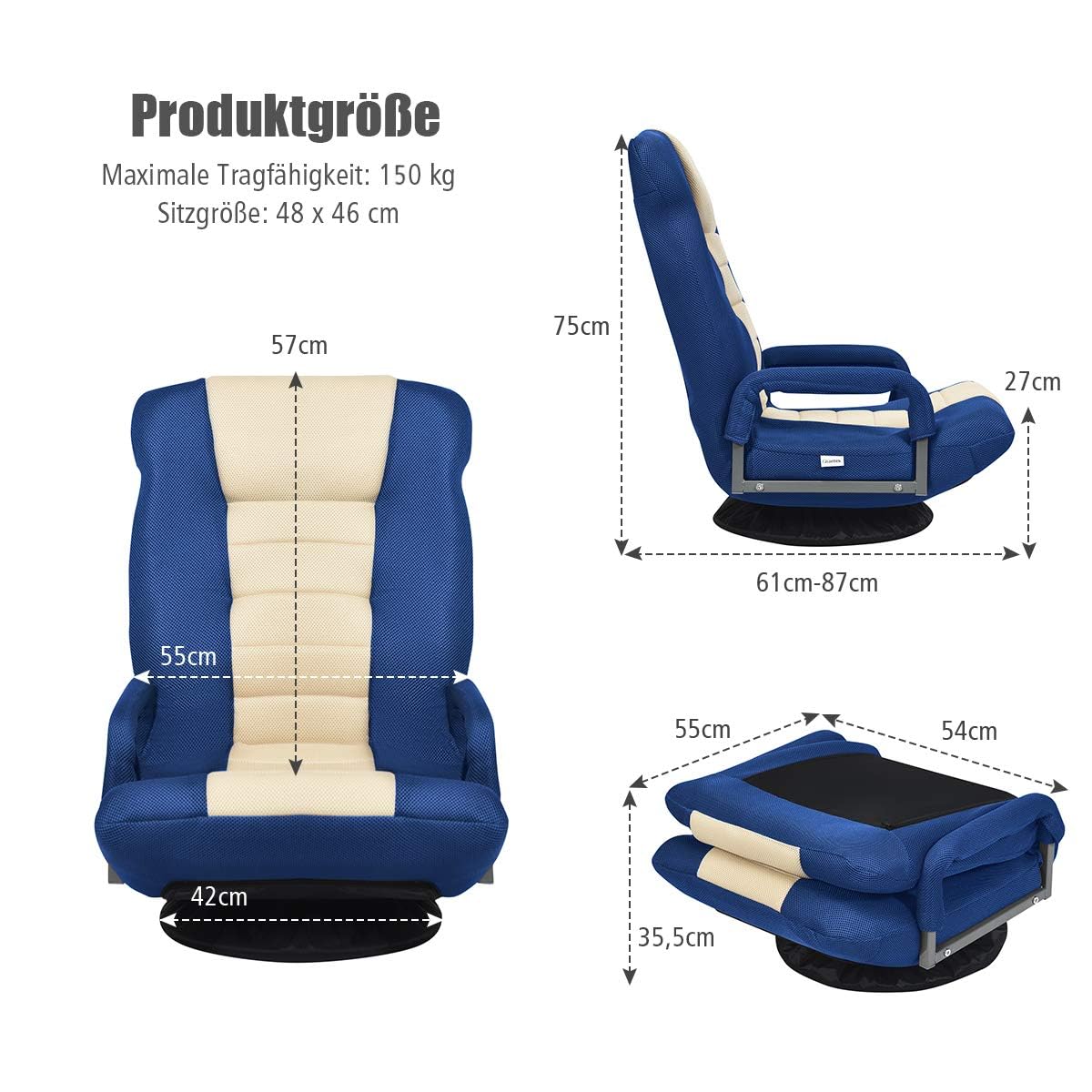 RELAX4LIFE Silla de Suelo Giratorio 360° con Respaldo Ajustable en 6 Ángulos, Sillón Relax Plegable con Diseño Ergonómico para Salón, Dormitorio y Oficina, Carga 120kg, Azul+Beige