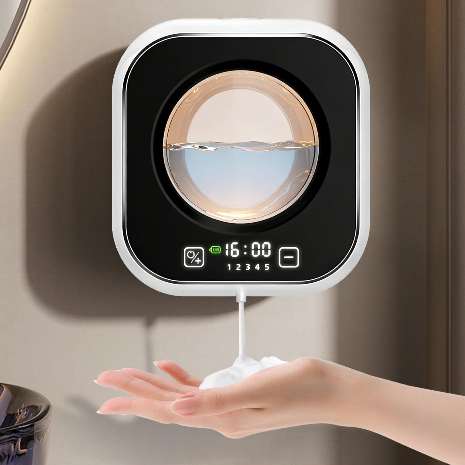 Dispenser Sapone Bagno a Muro, 320 ML Dispenser Sapone Automatico Schiuma Con Sensore Infrarossi, Ricarica USB Regolabile Livello 5, per Bagno, Cucina e Ufficio bianco (Bianco)
