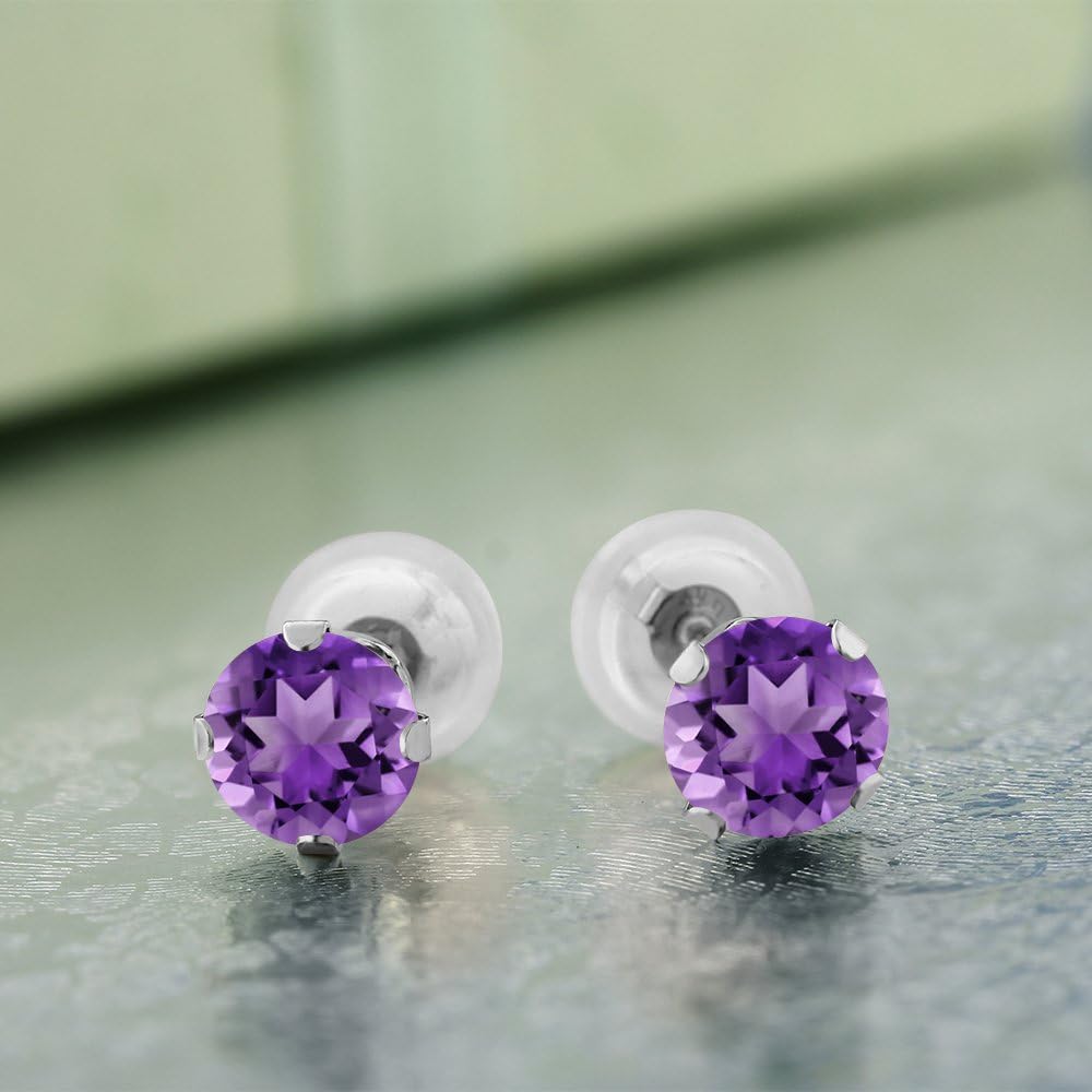 Gem Stone King 10K White Gold Amethyst Stud Earrings For Women Men | 1.00 Cttw | Gemstone Birthstone | Round 5MM | Fine Jewelry Gifts for Her Mom Women Wife