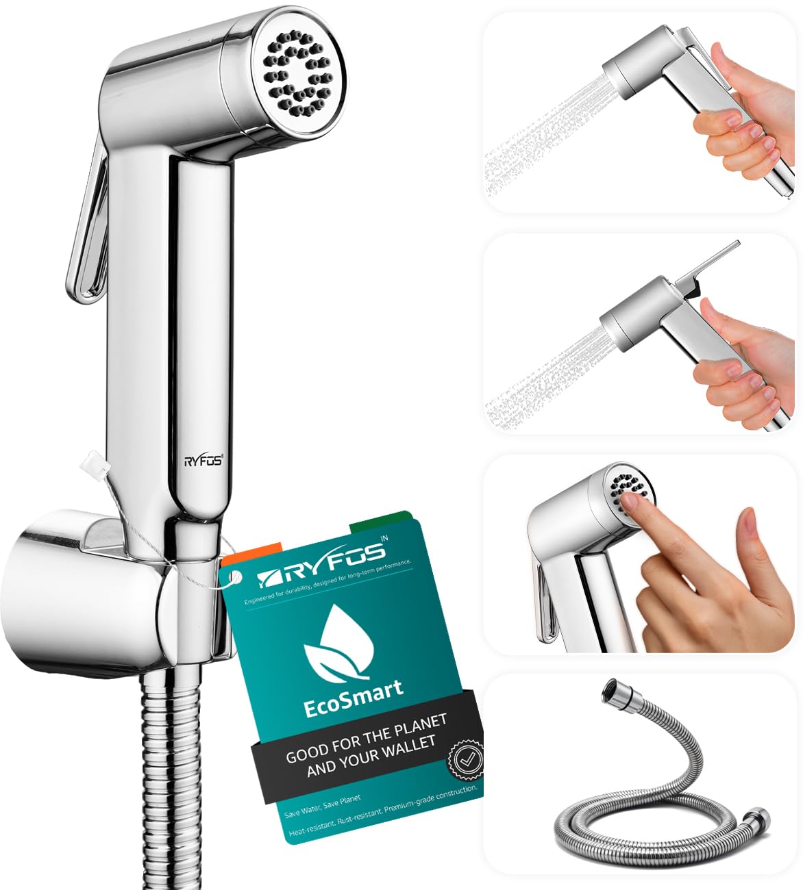 Ryfos India’s 1st Lifetime Support Brand, R1005HF, ABS, Health Faucet | Jet Spray Gun for Toilet with SS-304 Grade 1-1.25 Mtr Grade Flexible Hose Pipe & Wall Hook | Chrome Finish