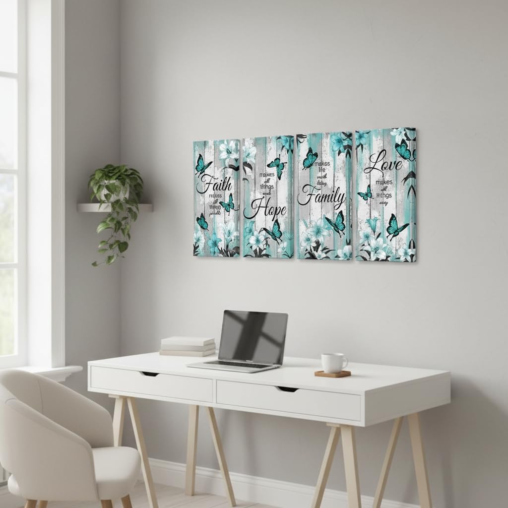 NutArtPic Faith Hope Family Love Canvas Wall Art, Teal Butterfly Floral Prints, 4 Panel Farmhouse Decor 6''x12''x4pcs (teal) - Image 4
