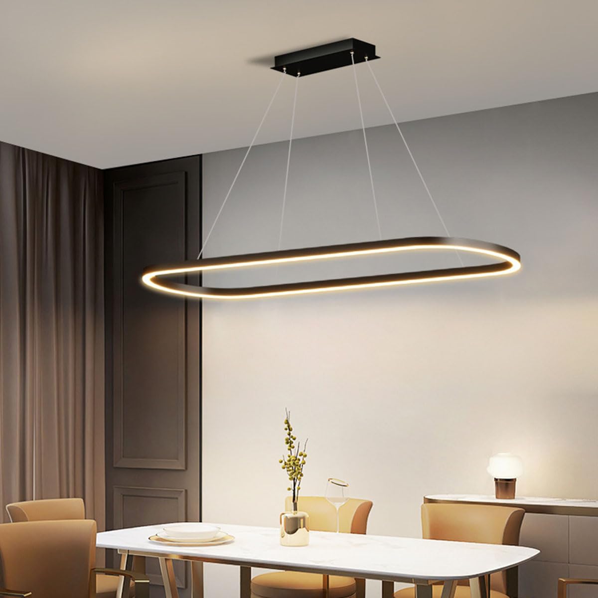 Aleaty LED Dining Table Pendant Lamp Modern ‎Oval Desig Office Pendant Lamp Dimmable with Remote Control Pendant Lamp Height Adjustable Ceiling Lamp for Office Dining Lighting (Black, L120cm)