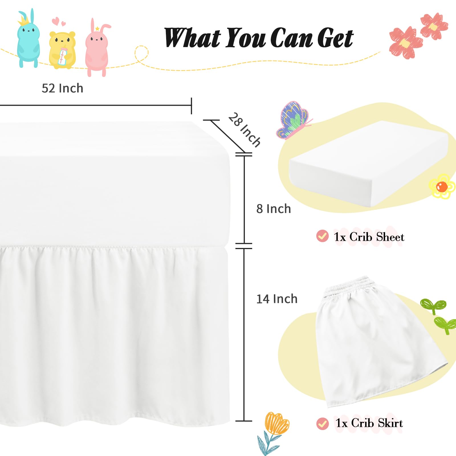 Horbaunal Juego de 2 sábanas para cuna, color blanco | Falda de cama para cuna de 28 x 52 pulgadas, volantes de caída de 14 pulgadas, falda de cama de microfibra para niños y niñas