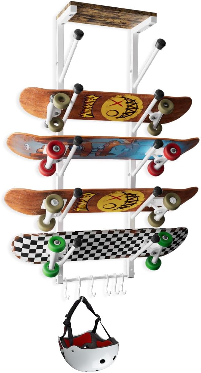 Skateboard Rack Wall Mount with Five-Layer Skate Board Stand for Storage Longboard Deck Organizer, Skateboard Wall Display Hanger Holder with 6 Hooks for Home or Garage