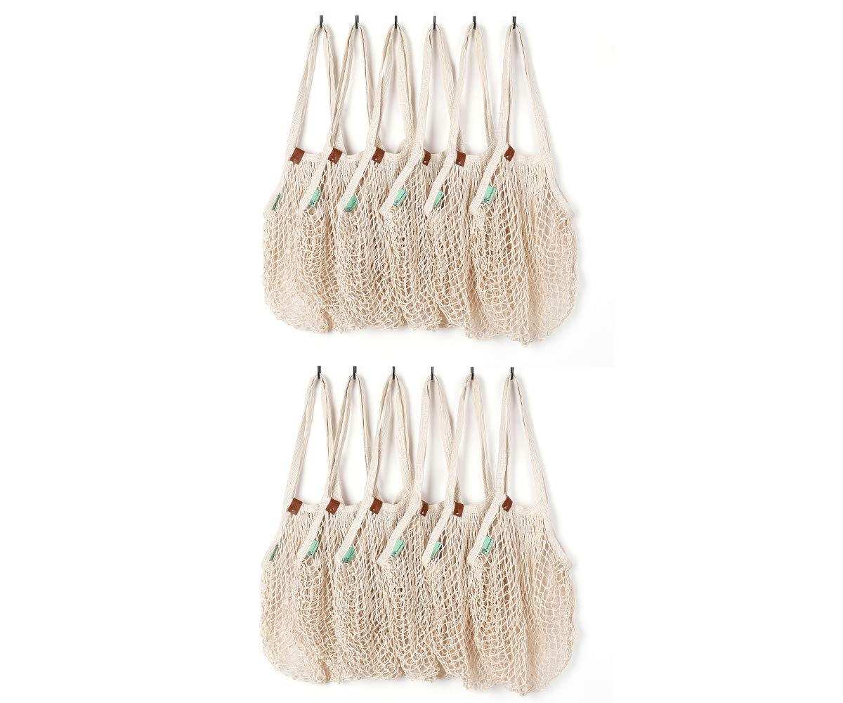ROCKIMPACT Paquete de 12 bolsas de malla reutilizables con asas largas, color beige
