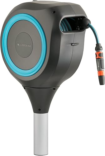 Carrete de manguera retráctil automático de 66 pies con estaca de metal de Gardena, estándar, turquesa, 18614-20.