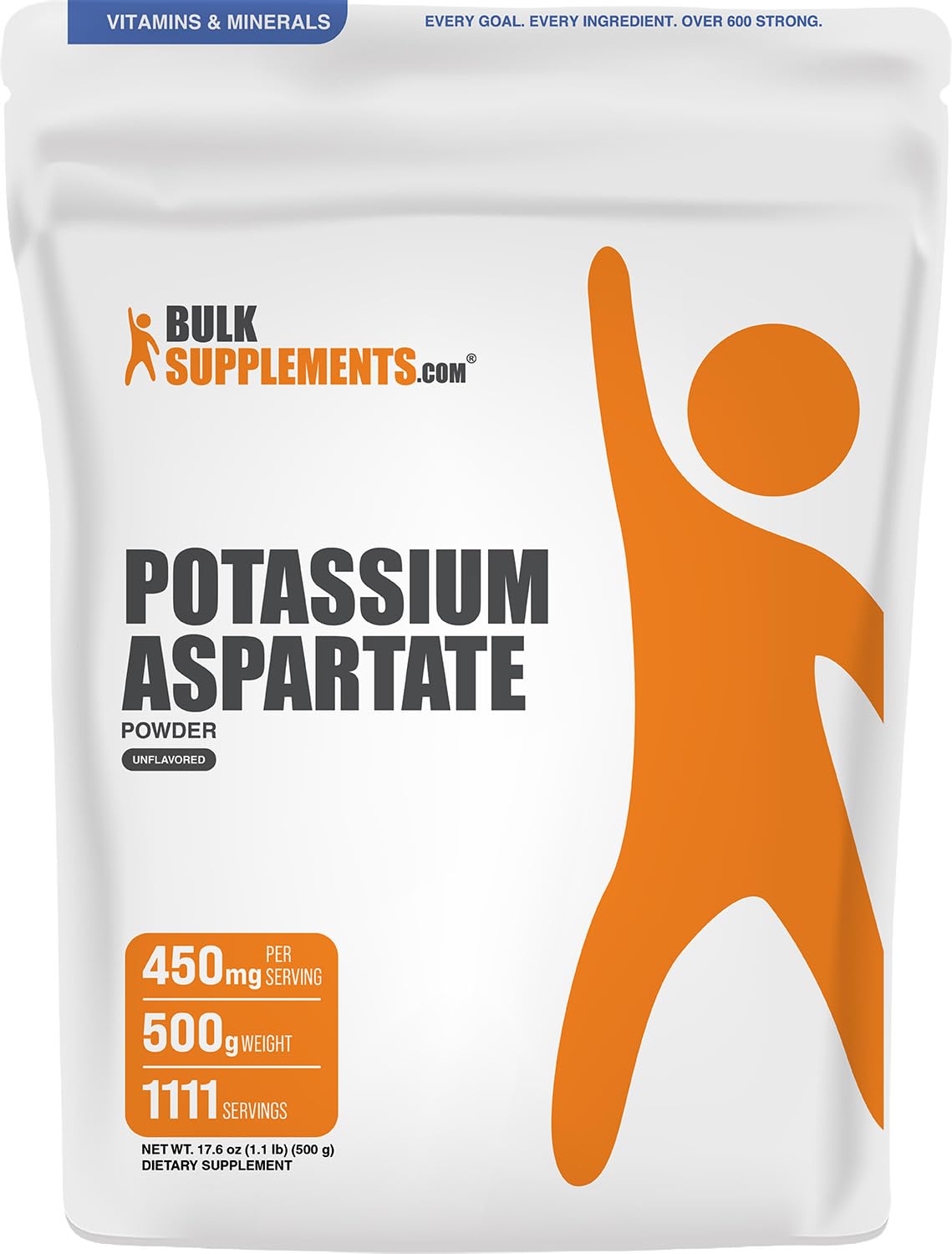 BulkSupplements.com Potassium Aspartate Powder - Mineral Supplement, for Hydration Support - Gluten Free, 450mg (98mg Potassium) per Serving, 500g (1.1 lbs) (Pack of 1) 17.6 Ounce (Pack of 1)