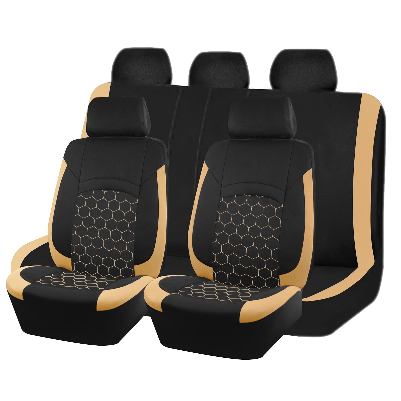 AUTOKINGCar Seat Covers Full Set,Embroidery Car Seat Covers,Airbag Compatible,Polyester Fabric Seat Covers for Car,Universal Size Fit for Most Car SUV,Rear Seat Can Split (Beige)