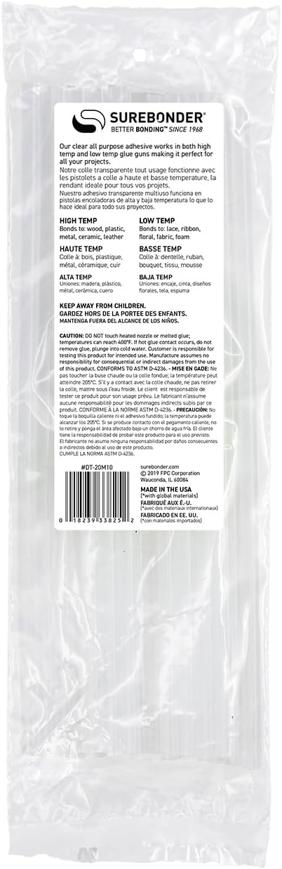 Back of Surebonder Clear Stik glue stick packaging with details