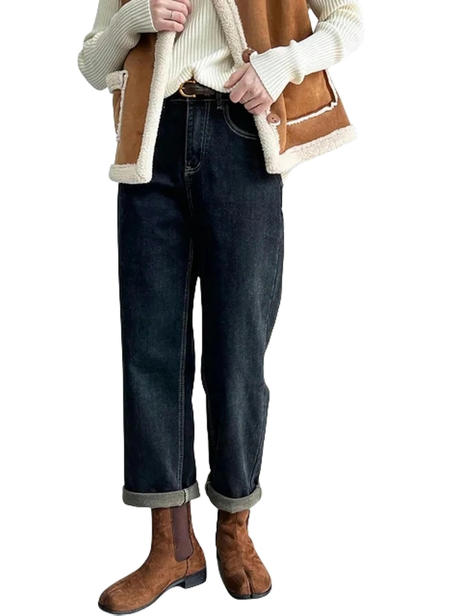 Pantaloni a Gamba Larga in Denim Autunno e Inverno Jeans Gamba Dritta Allineati in Vello da Donna per Le Donne Pantaloni di Denim con Vita Alta- Blu Nero-XL